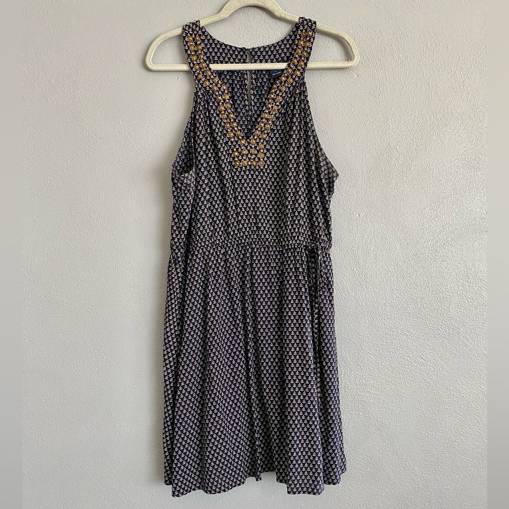 Lucky Brand Dress Size Large Boho Printed Beaded V-Neck Tie Waist